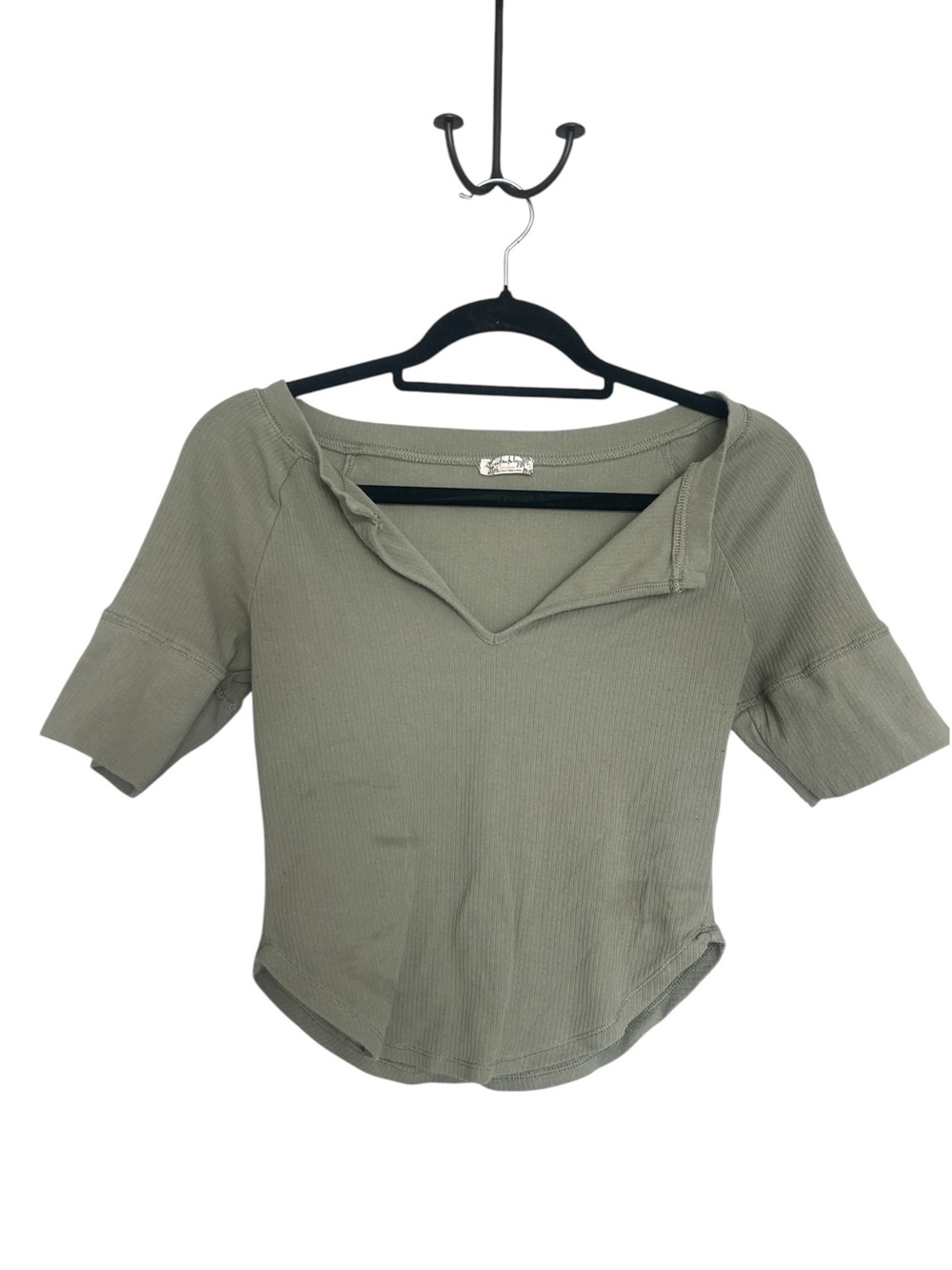 Free People Olive Green Ribbed V-Neck Short Sleeve Top